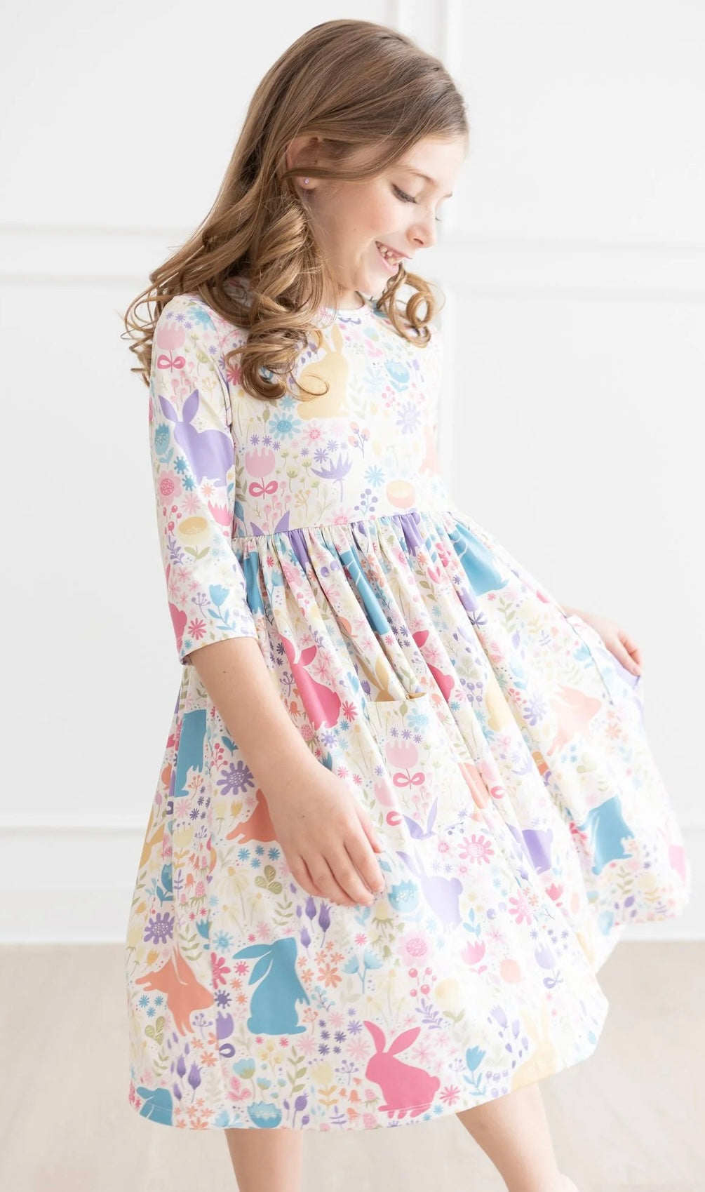 PASTEL FLORAL BUNNIES 3/4 SLEEVE POCKET TWIRL DRESS
