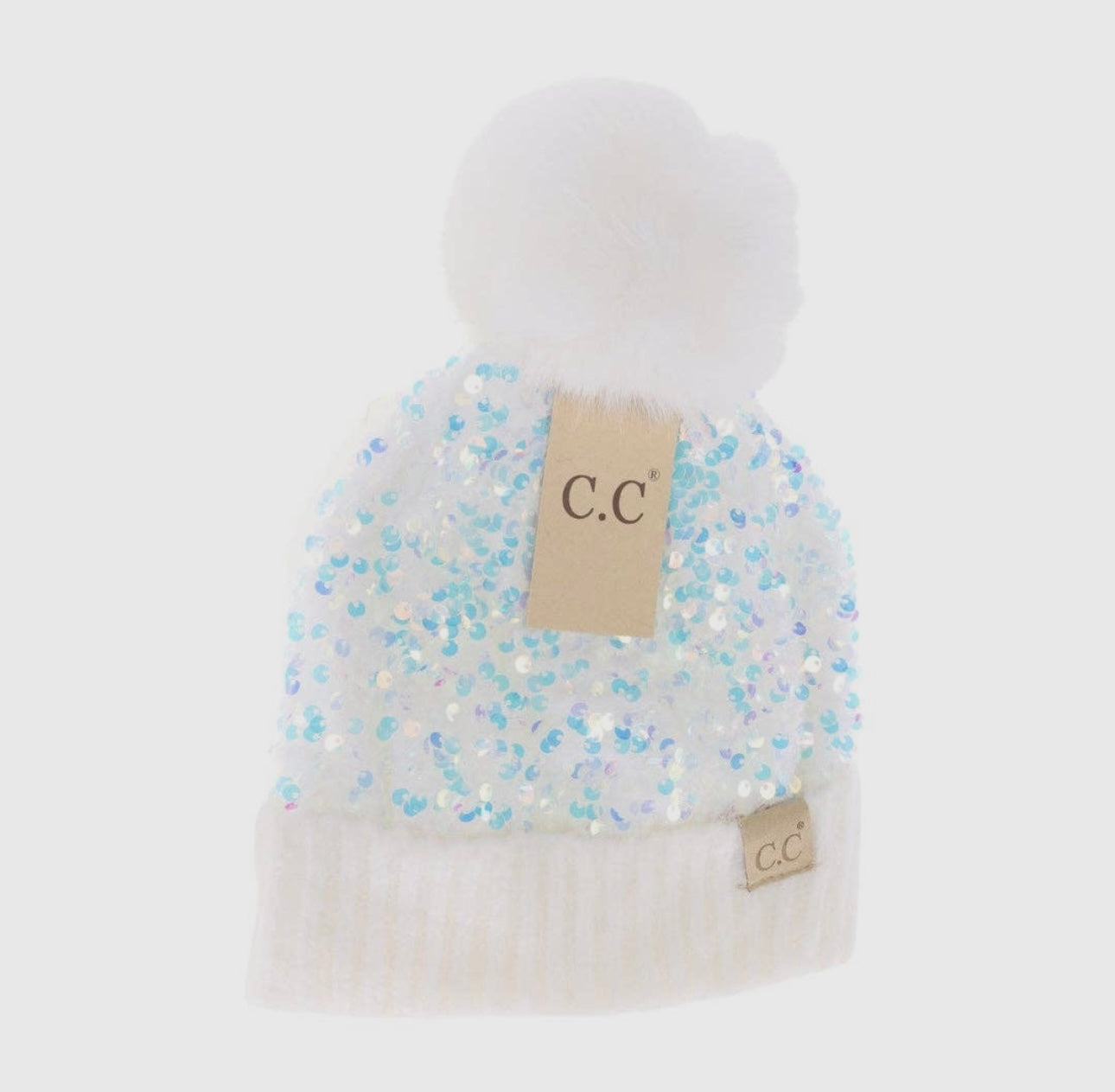 Kids Sequin Faux Fur Pom CC Beanie