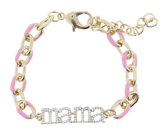 Pink Enamel Chain with Crystal "mama" Bar Bracelet