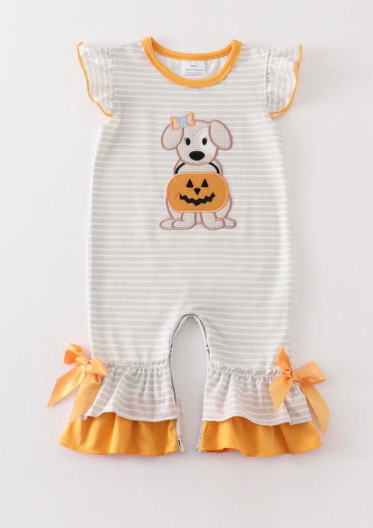 Gray Stripe Pumpkin Applique Romper