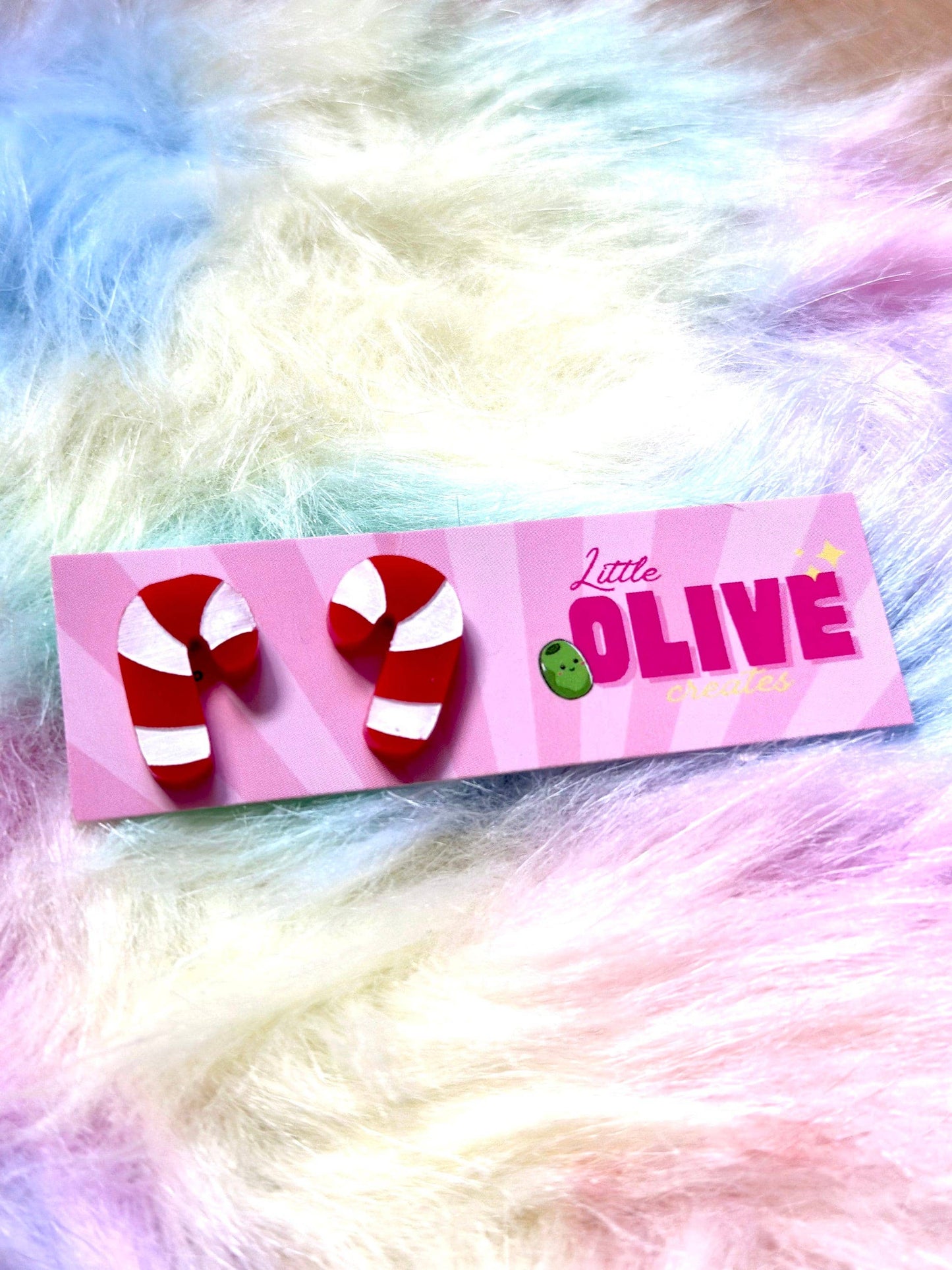 Hand Painted Candy Cane Stud Earrings - Festive