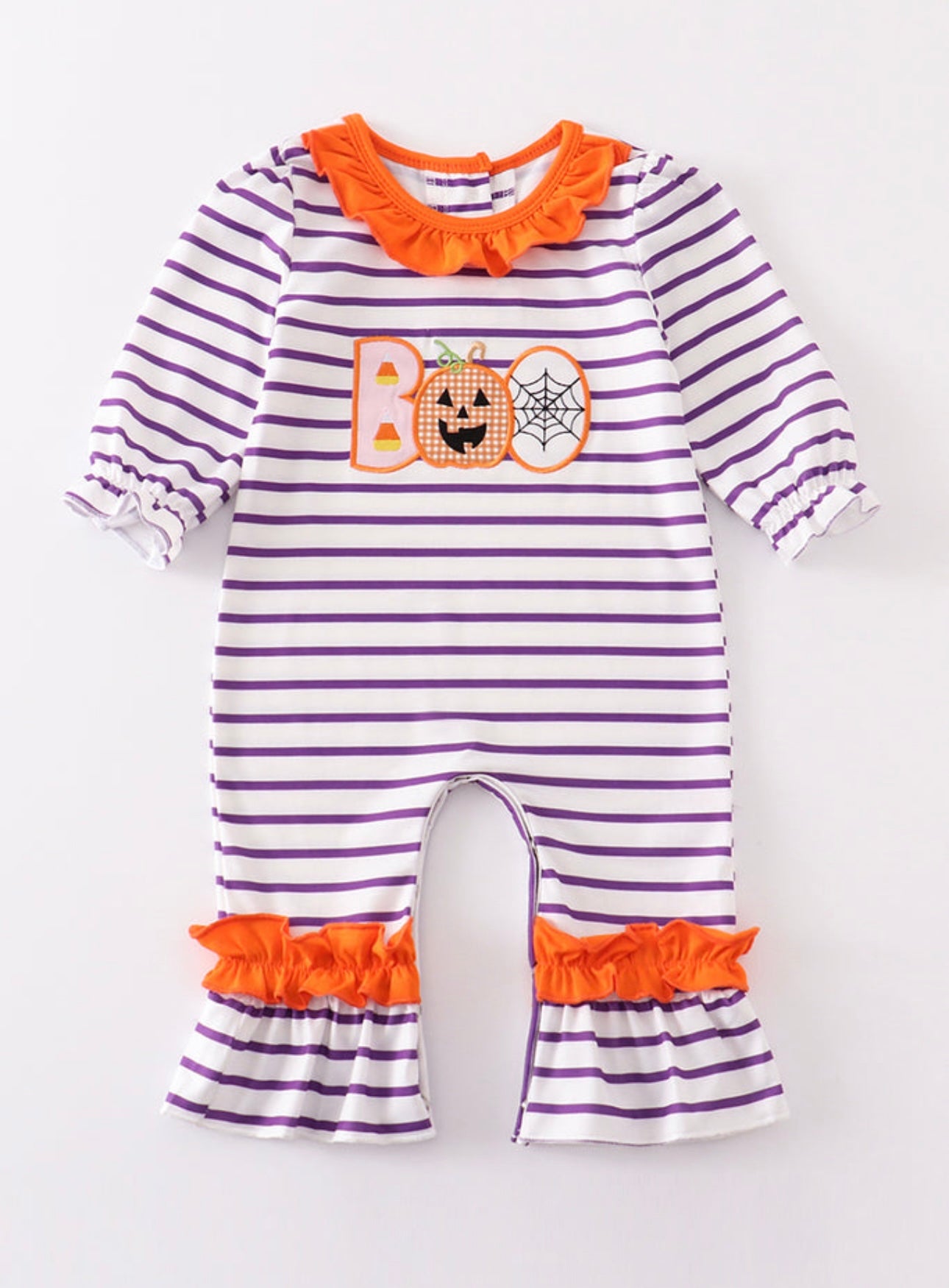 Purple Stripe BOO Applique Girls Romper