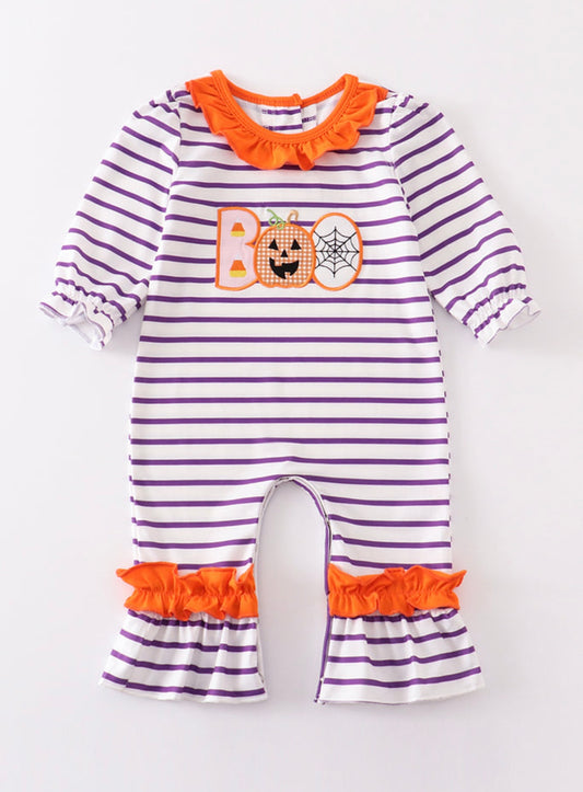 Purple Stripe BOO Applique Girls Romper