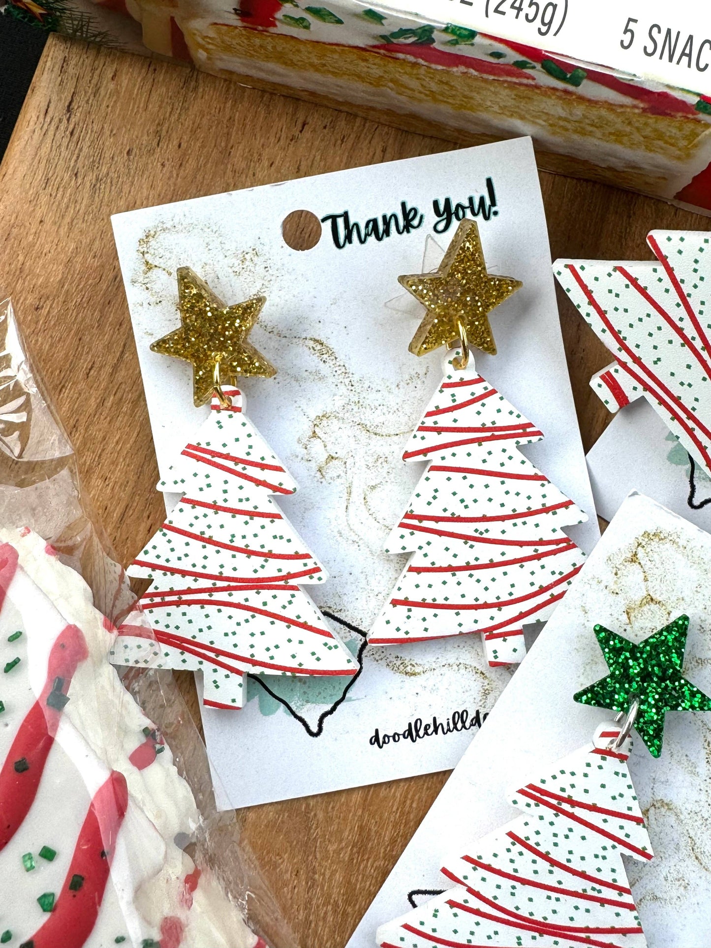 Snack cake christmas tree earrings