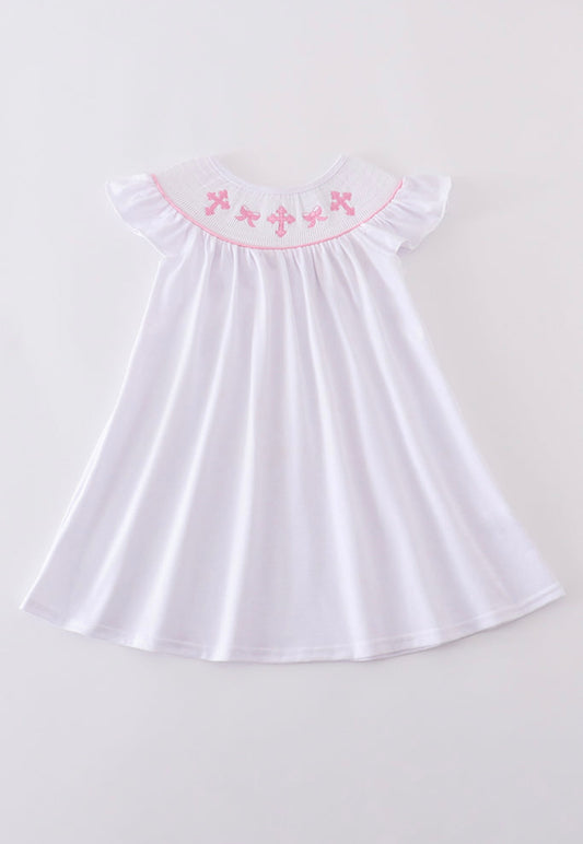 Smocked Pink Cross Embroidery Dress