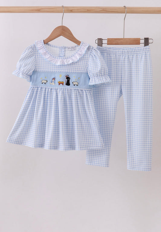 Blue Nativity Embroidery Pants Set