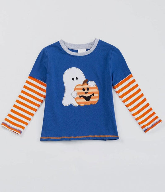 Blue Halloween Ghost Pumpkin Applique Boy Top