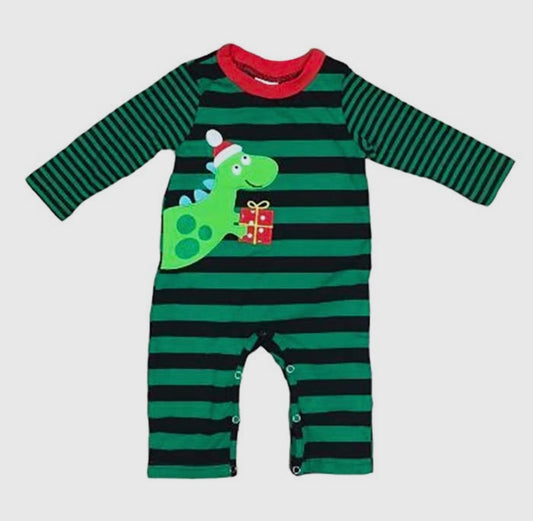 Dinosaur Christmas Striped Romper