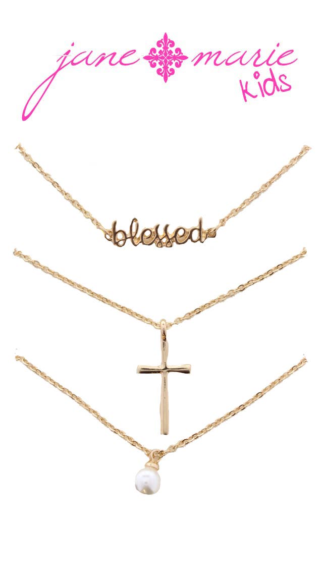 Kids 14" Set of 3, "Blessed", Gold Cross, Pearl Necklace