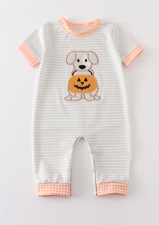 Gray Stripe Pumpkin Applique Boy Romper