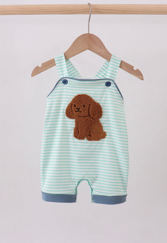 Green Striped French Knot Puppy Romper