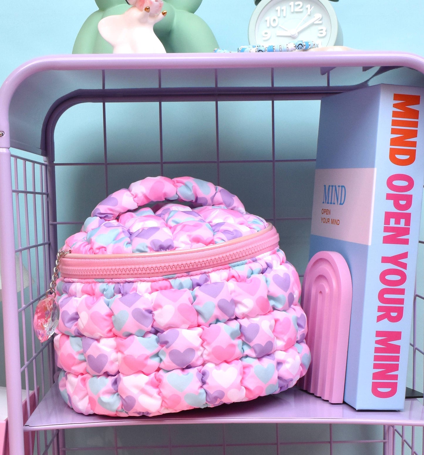 Quilted Scrunchies Printed Hearts Glam Bag with Heart Charm