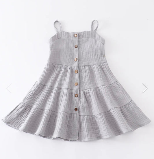 Gray Linen Tiered Button Down Dress