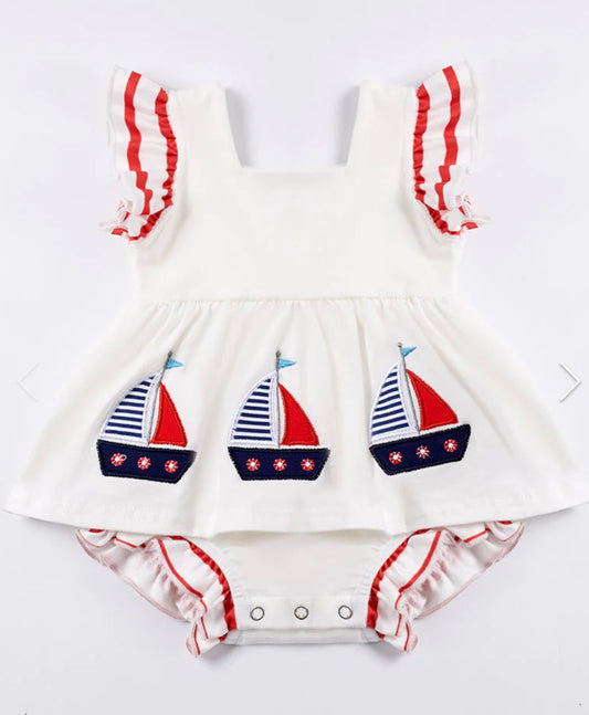 White Sailing Boat Ruffle Romper