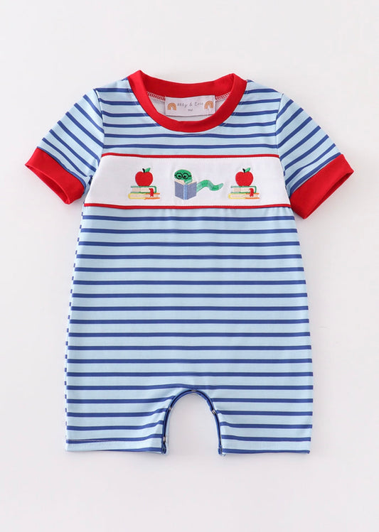 Blue Striped Embroidery Back to School Romper