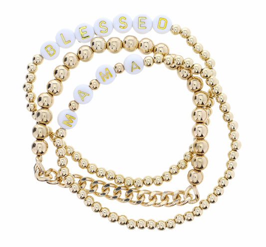 Set of 3, "Blessed Mama" Gold Beaded Bracelet