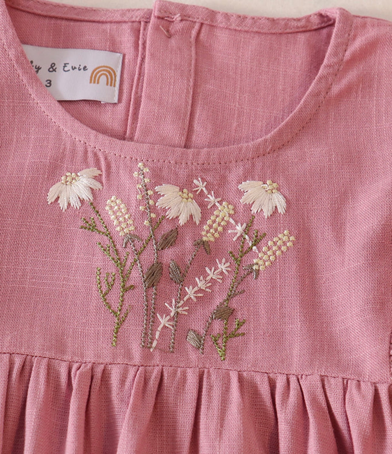 Pink Floral Embroidery Linen Dress