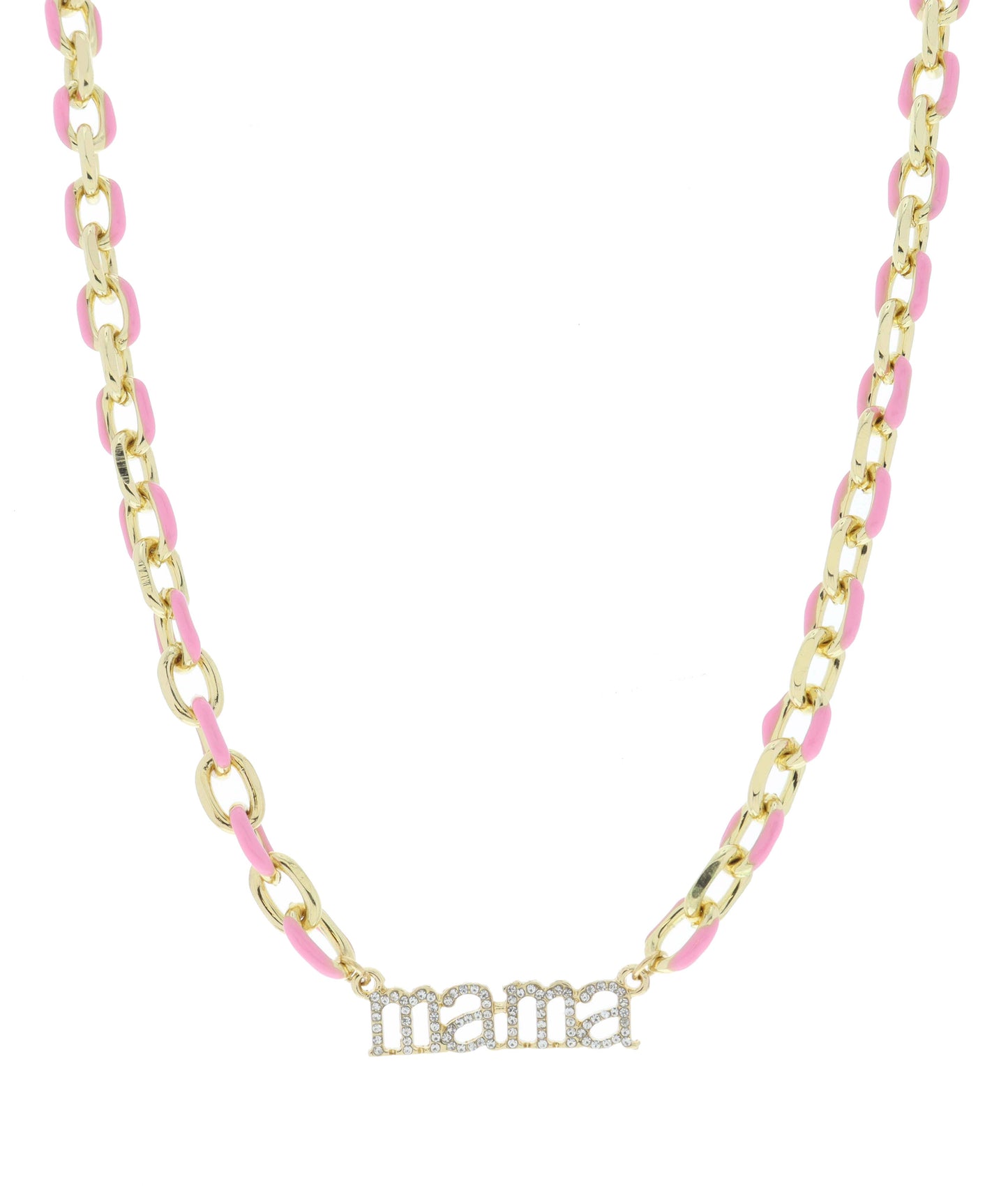 Pink Enamel Chain with Crystal "mama" Bar Necklace