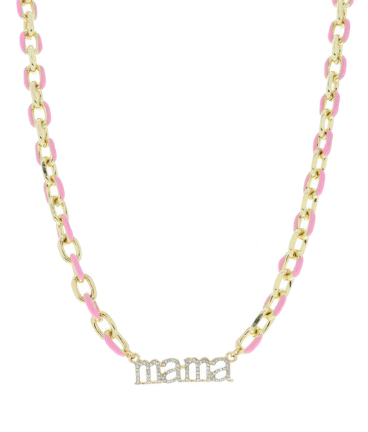 Pink Enamel Chain with Crystal "mama" Bar Necklace