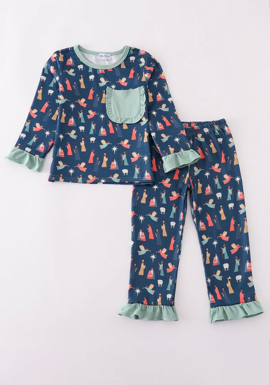 Navy Nativity Ruffle Pajama Set