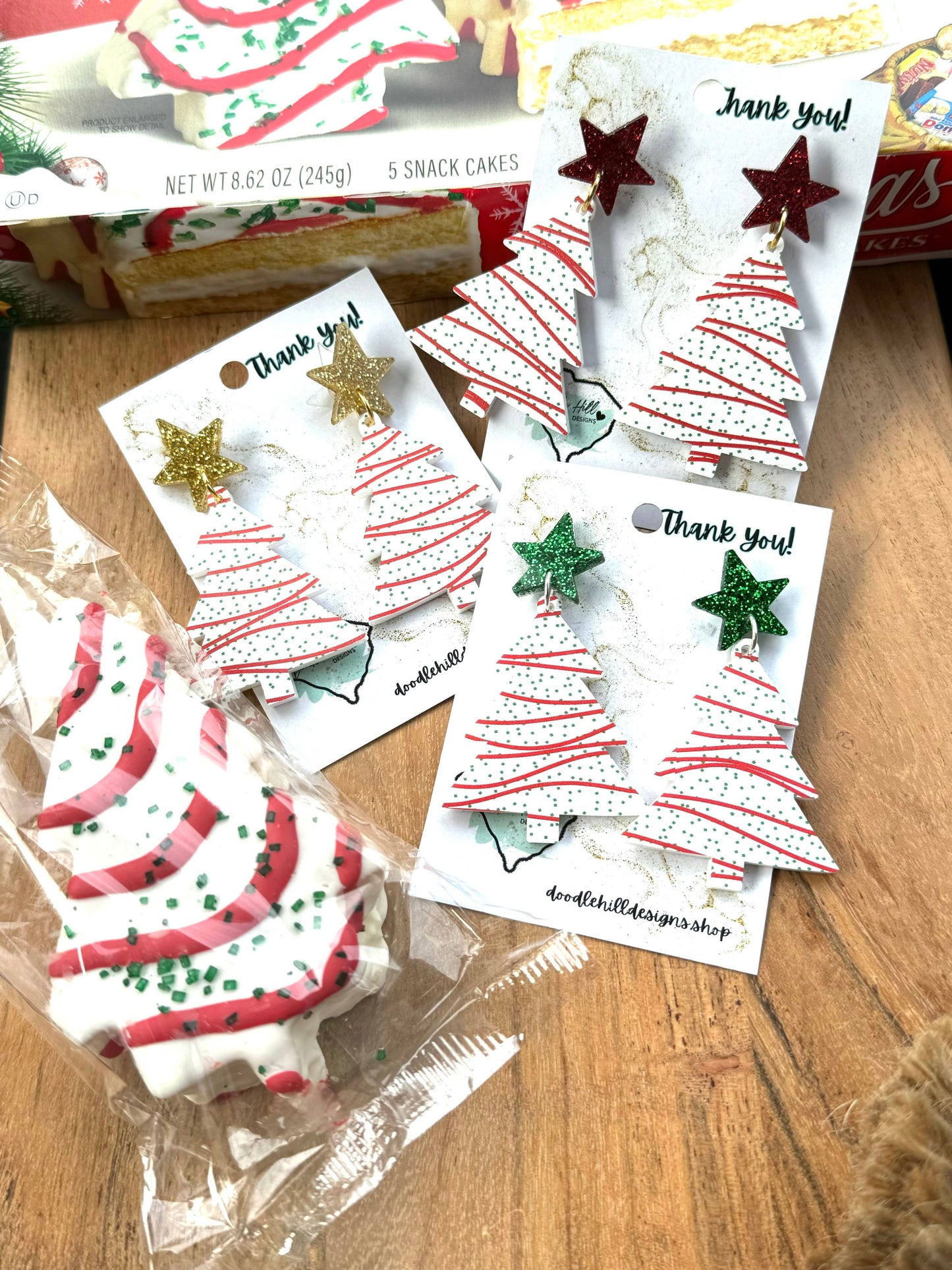 Snack cake christmas tree earrings