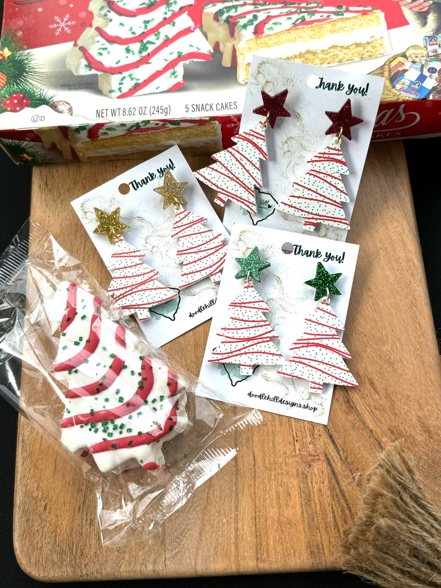 Snack cake christmas tree earrings