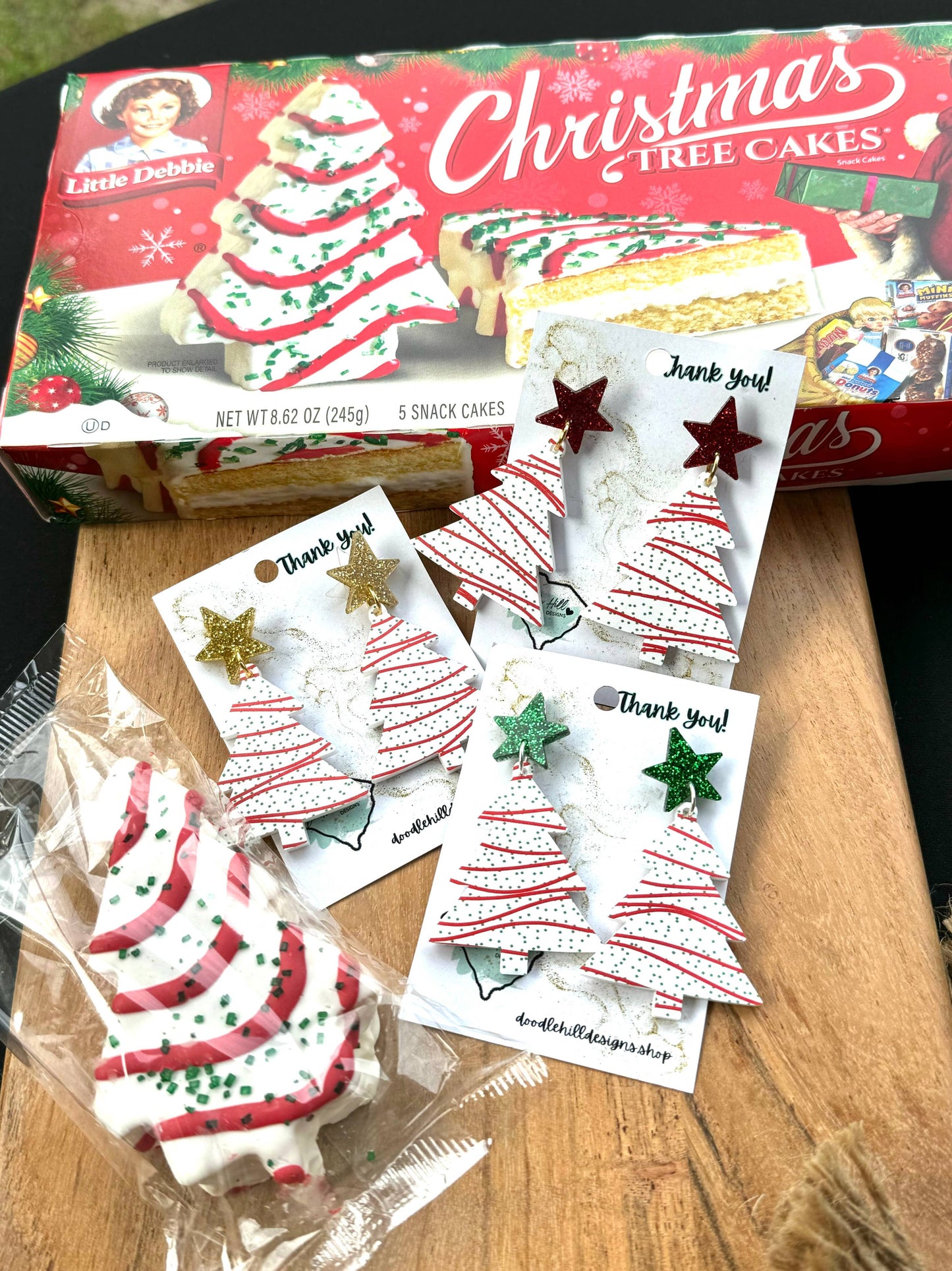 Snack cake christmas tree earrings