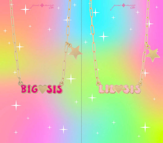 Kids Set of 2, Retro Pink "BIG SIS" & "LIL SIS" Necklace