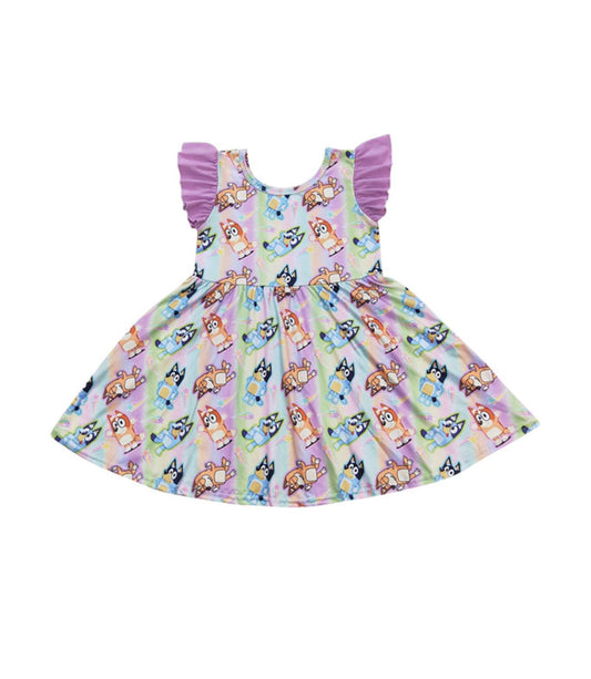 Purple Bluey Print Ruffle Dress