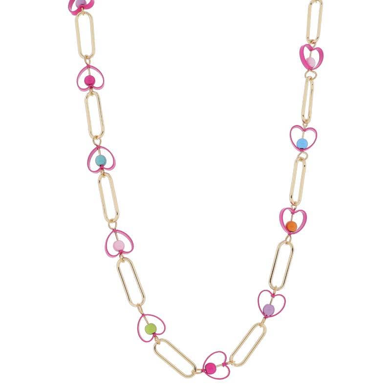 Kids 14" Gold Paperclip Links with Hot Pink Hearts Necklace