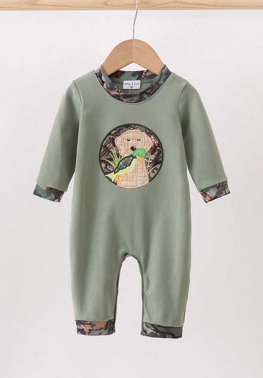 Camouflage Dog Hunting Applique Romper