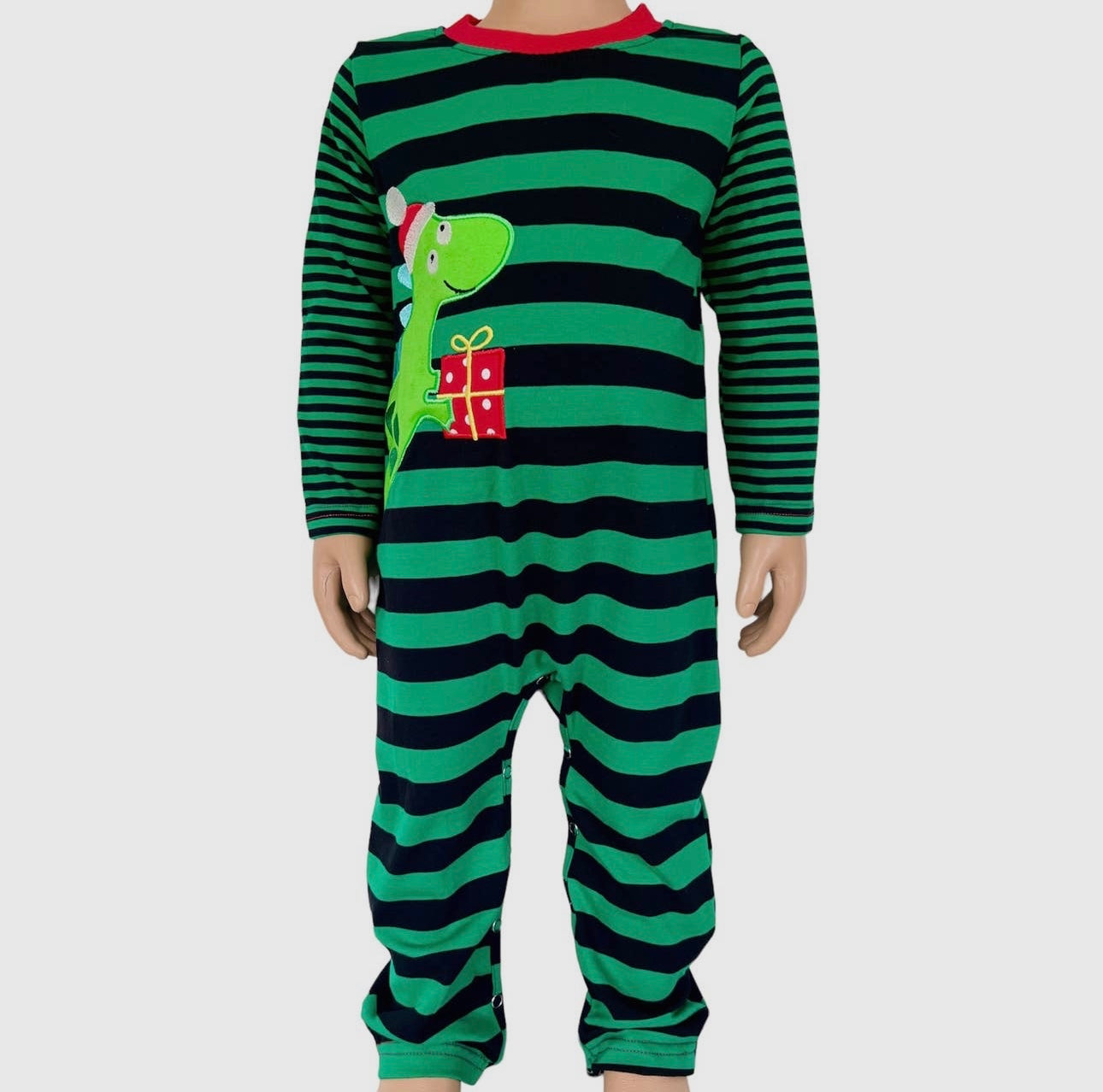 Dinosaur Christmas Striped Romper