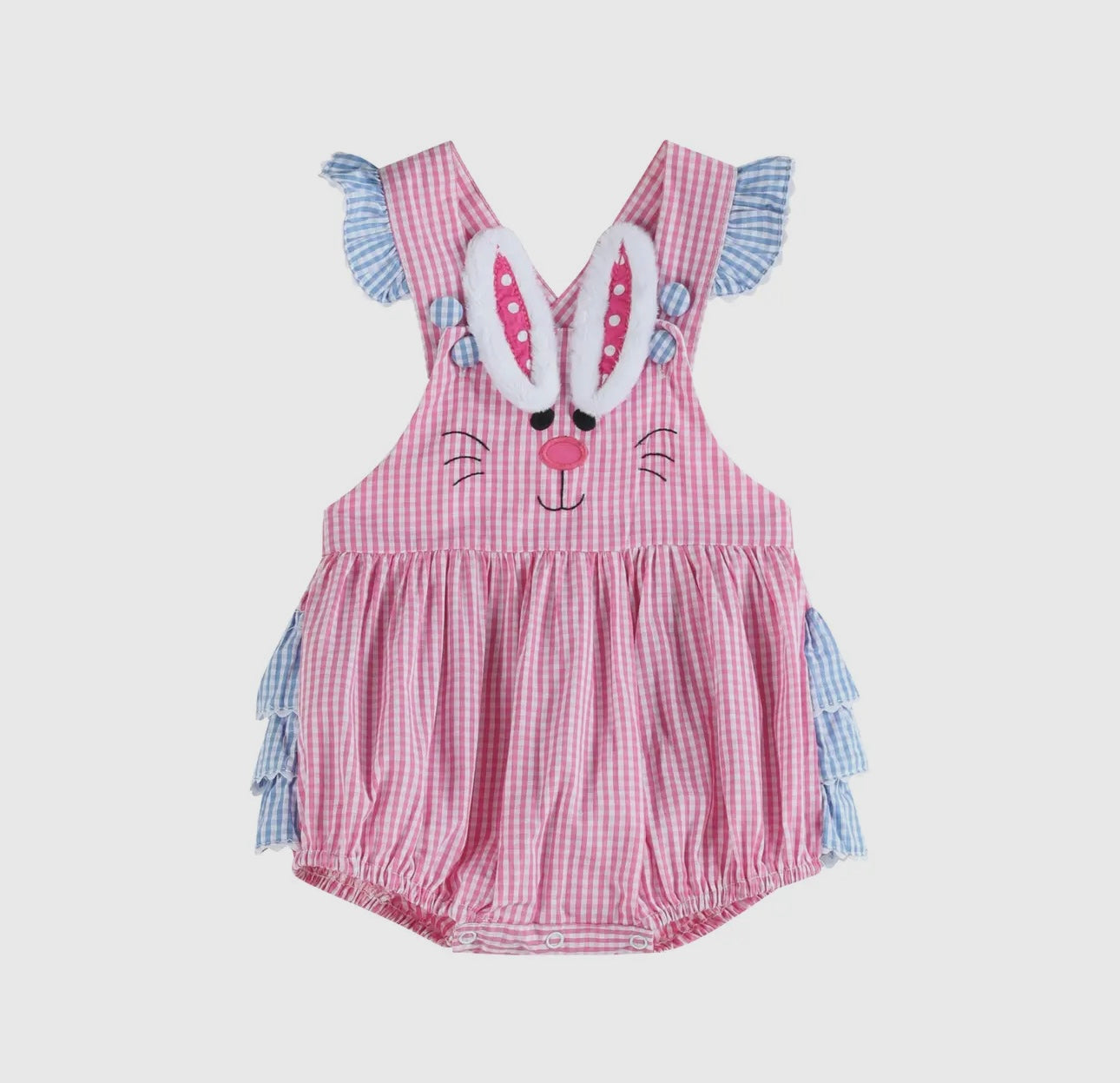 Pink and Blue Bunny Face Ruffle Romper