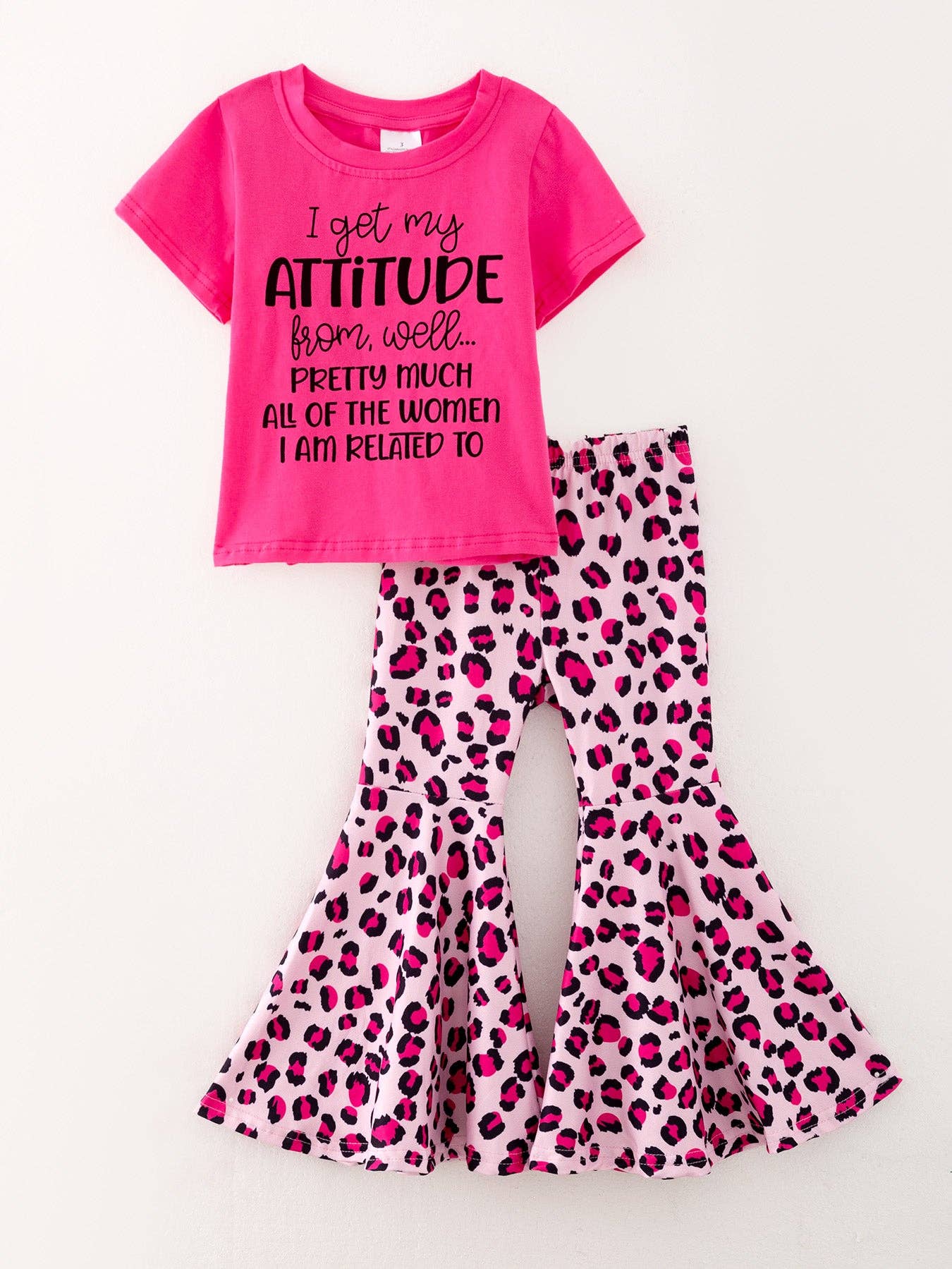 Girls Hot pink "ATTITUDE" Letter Print Top + Leopard Print Flared Pants