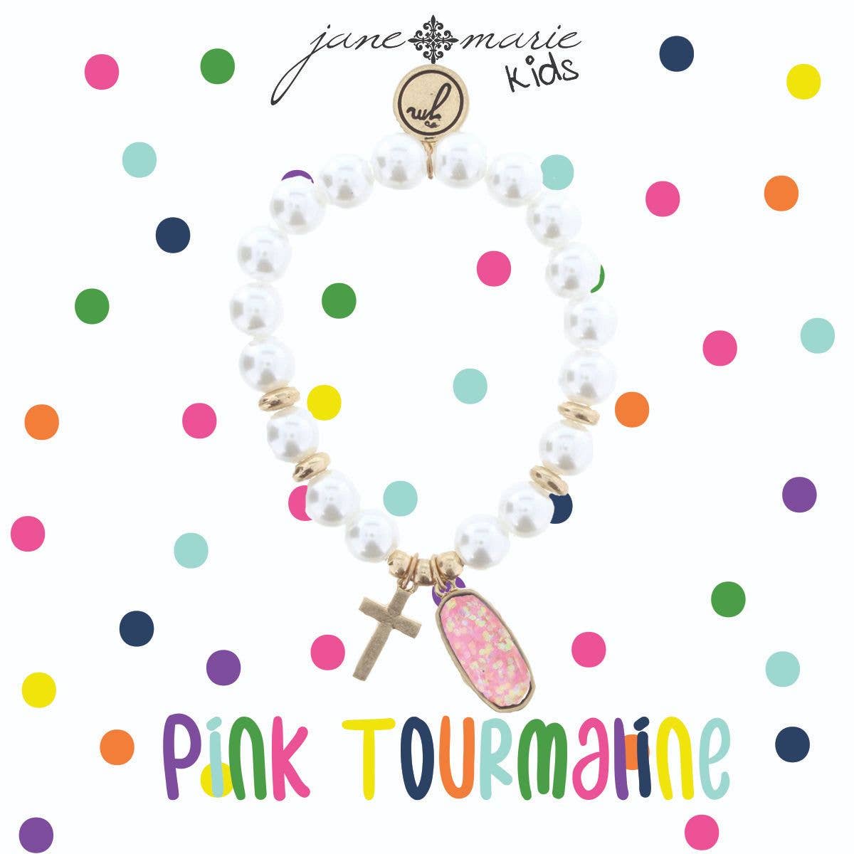 Kids Pearl Bracelet with Cross & October Birthstone Charm