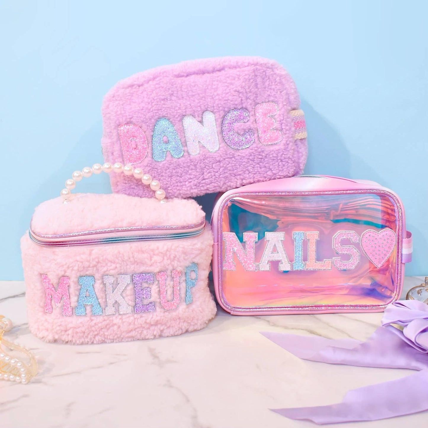 'Makeup' Sherpa Pearl Handle Glam Bag