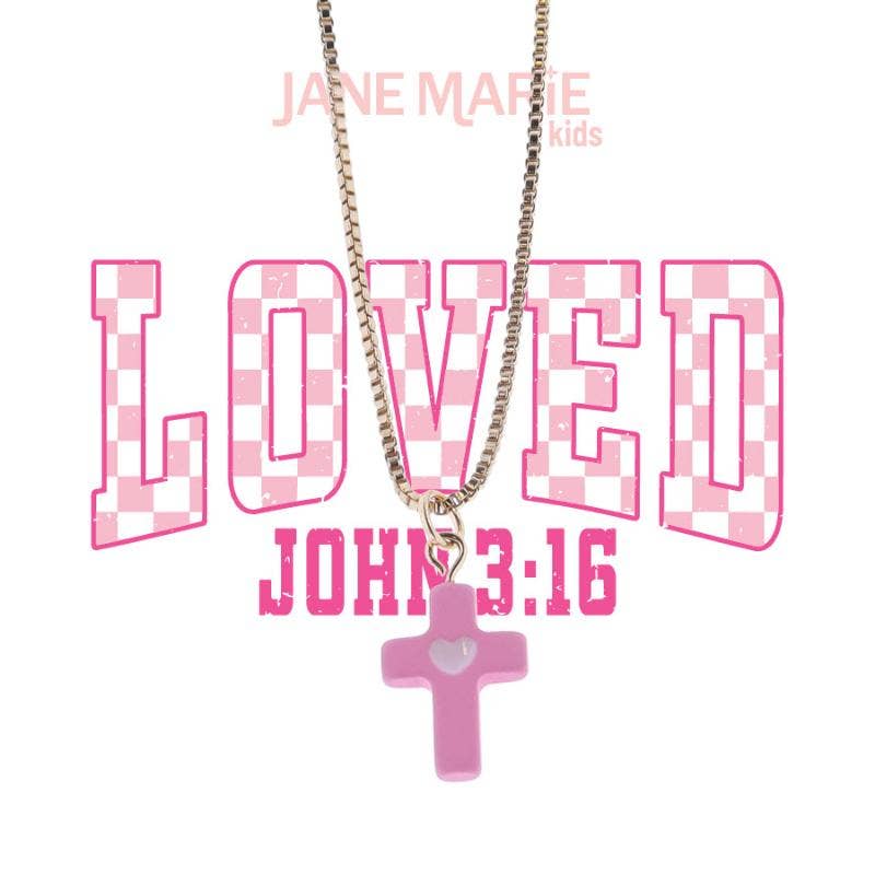 Kids 14" Gold Box Chain with Pink Cross Necklace, 2" Ext.