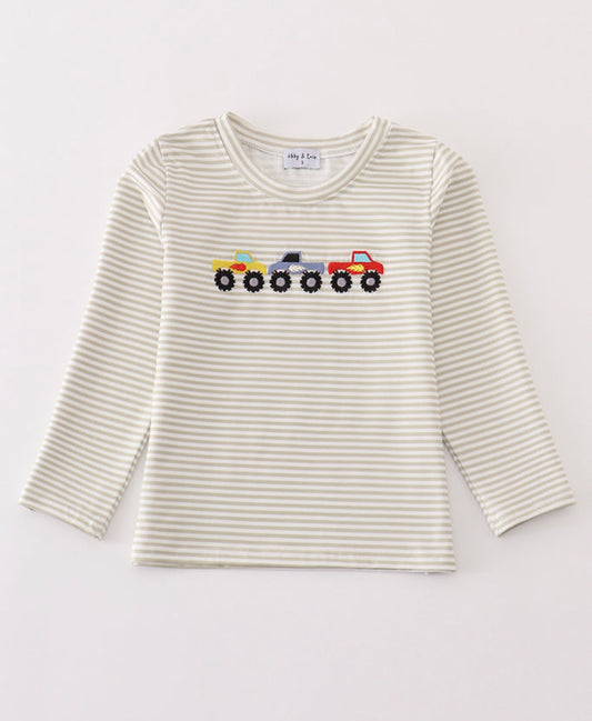 Gray Stripe Monster Truck Embroidery Shirt