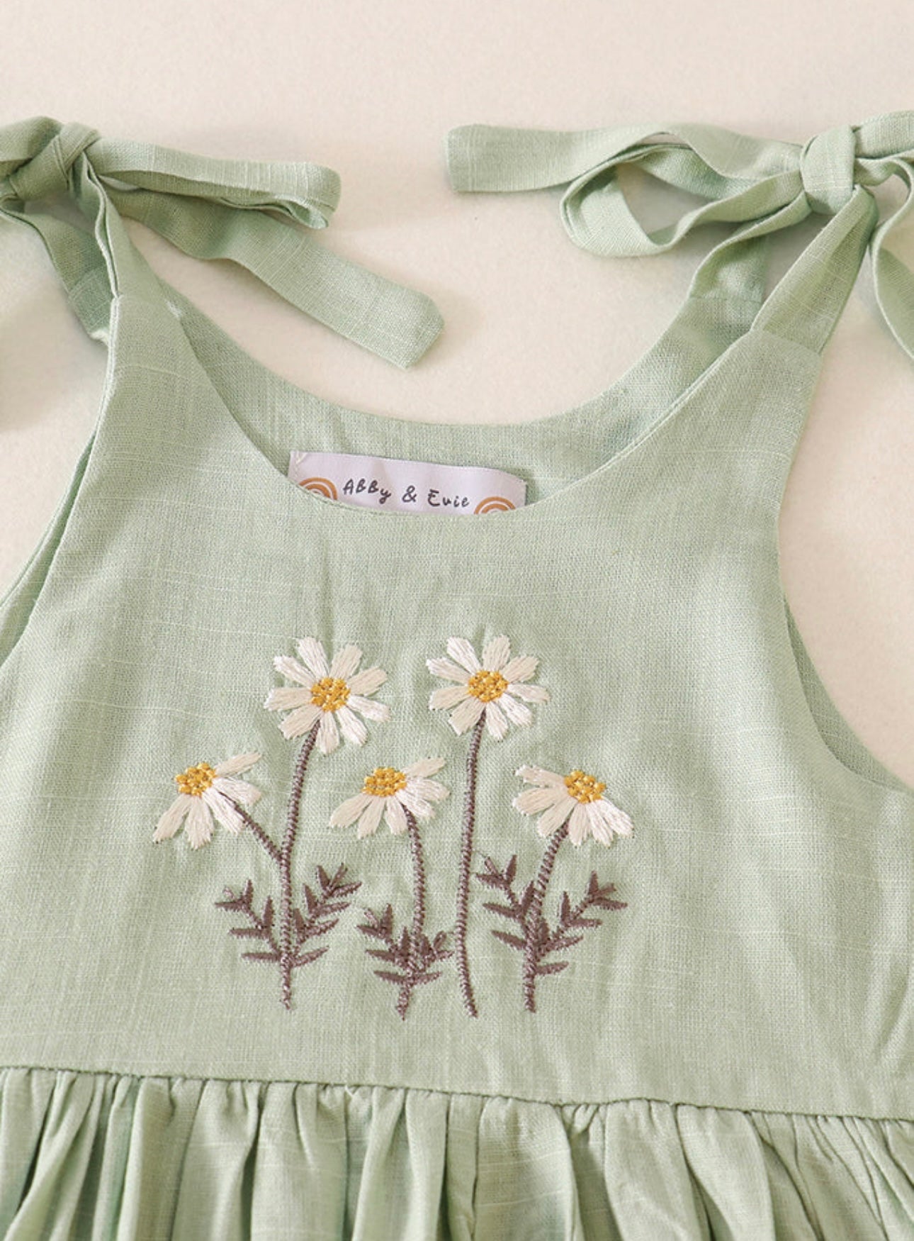 Sage Floral Embroidery Linen Dress