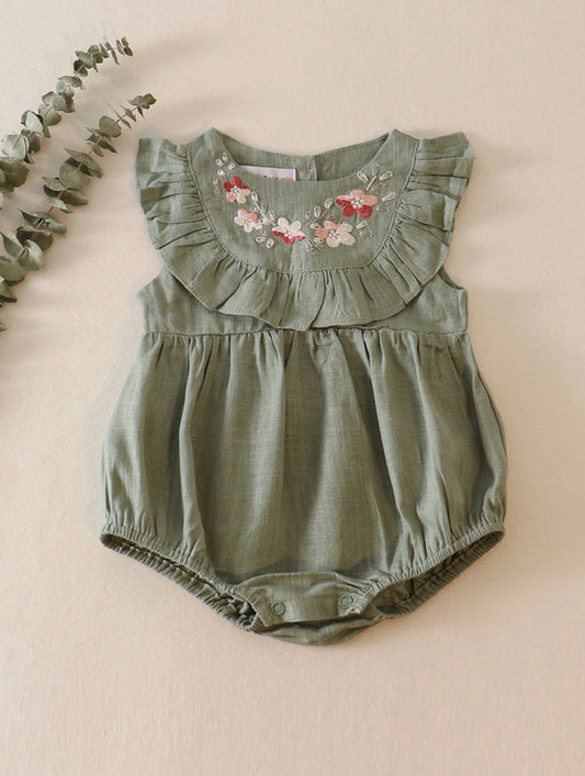 Sage Floral Embroidery Linen Bubble