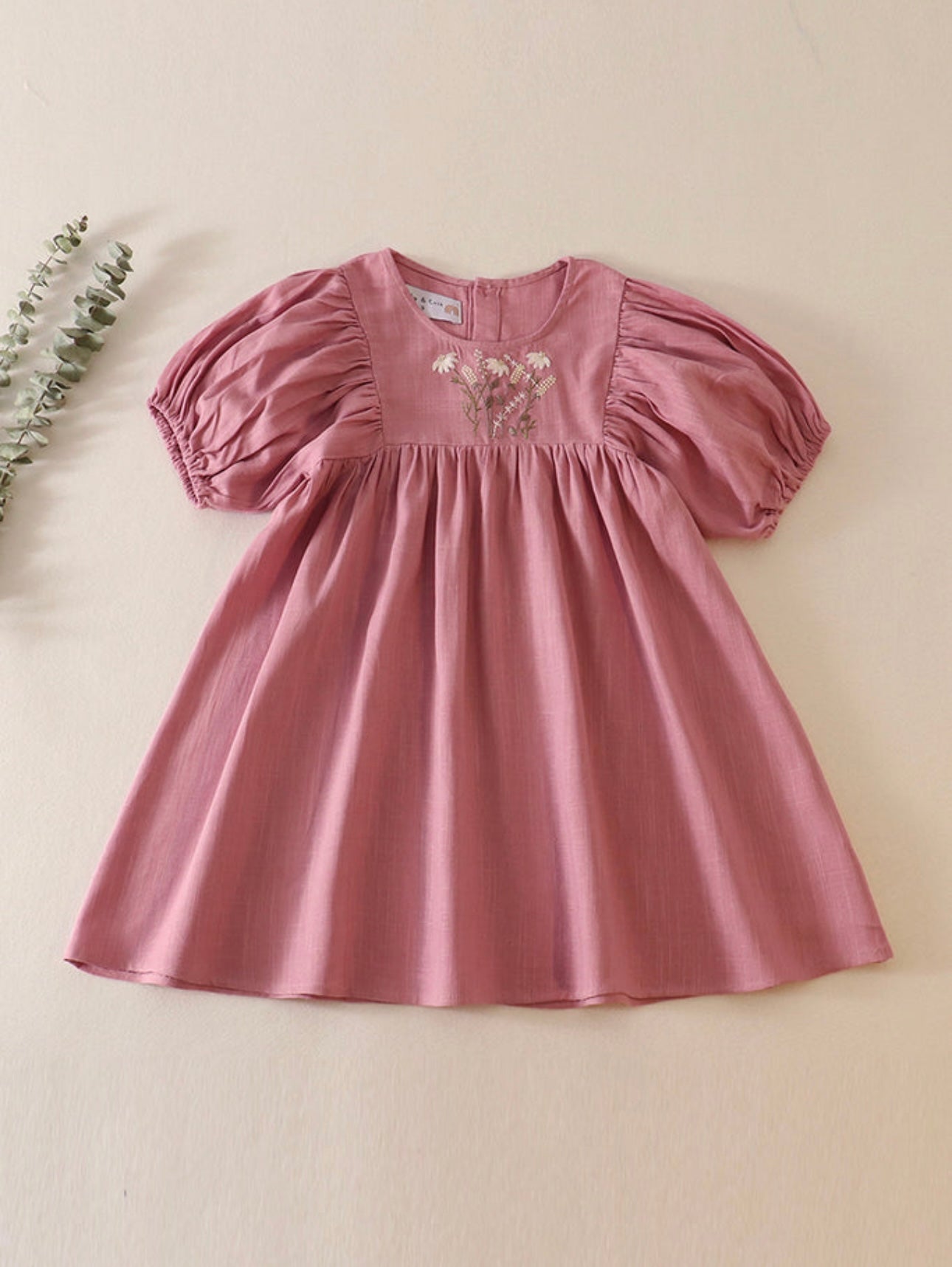 Pink Floral Embroidery Linen Dress