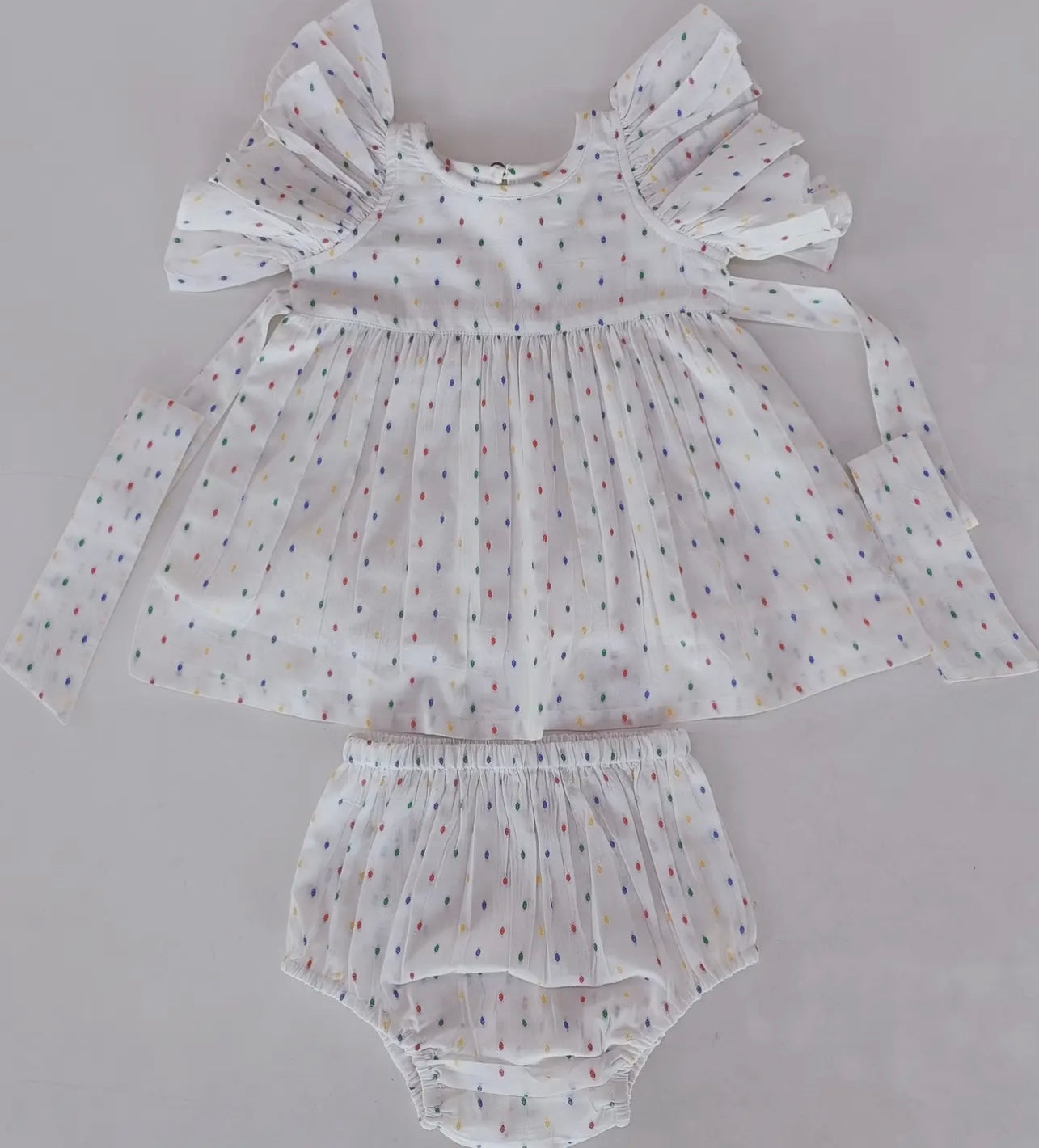 Multicolor Dot Dobby Dress & Bloomer Set