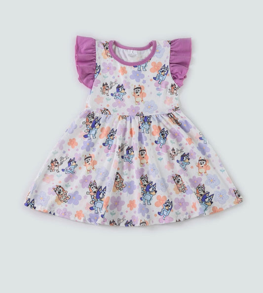 Purple Bluey Print Ruffle Dress