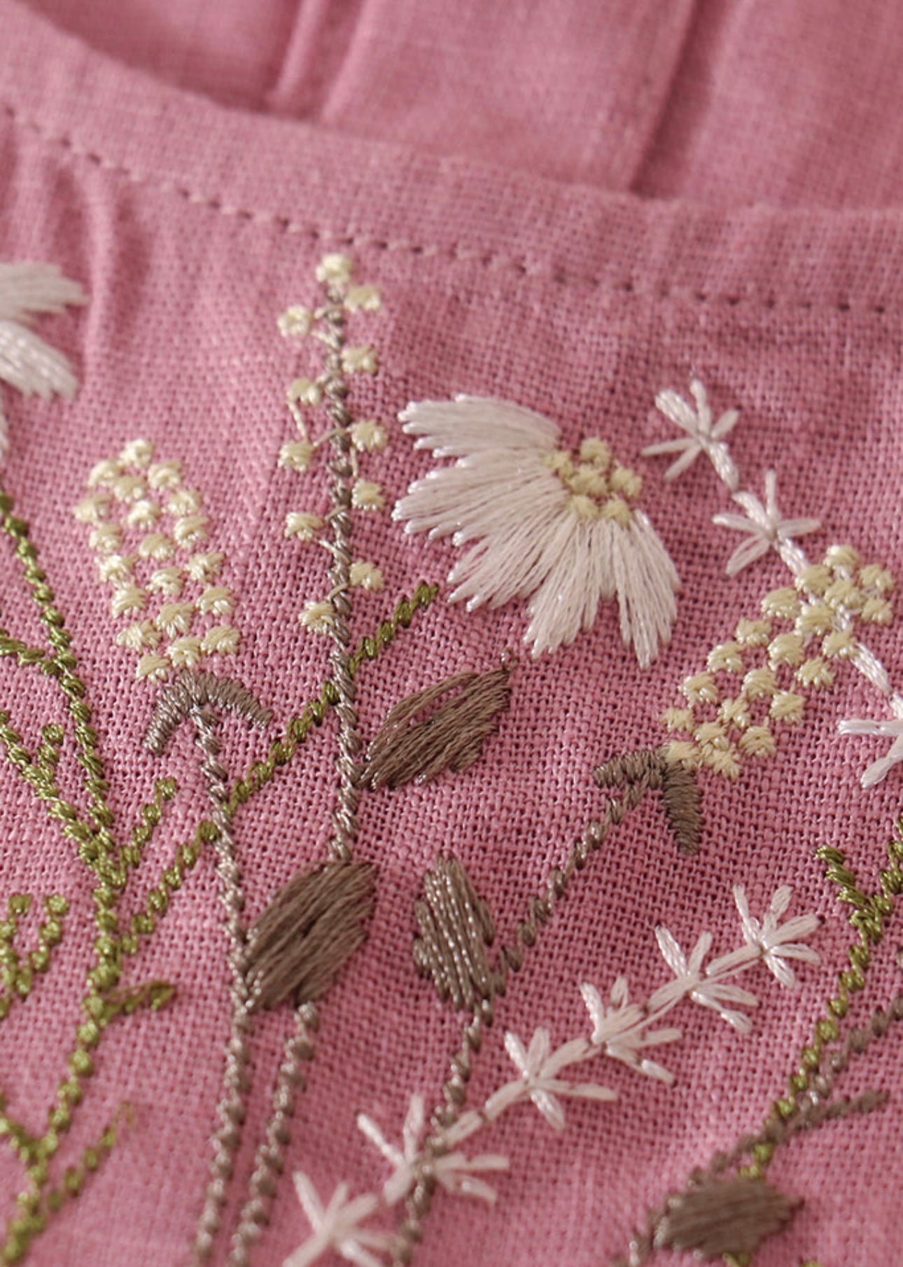 Pink Floral Embroidery Linen Dress