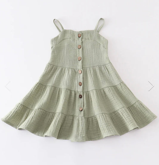 Sage Linen Tiered Button Down Dress