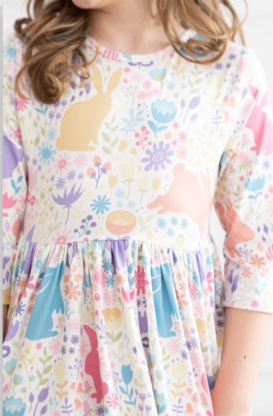 PASTEL FLORAL BUNNIES 3/4 SLEEVE POCKET TWIRL DRESS