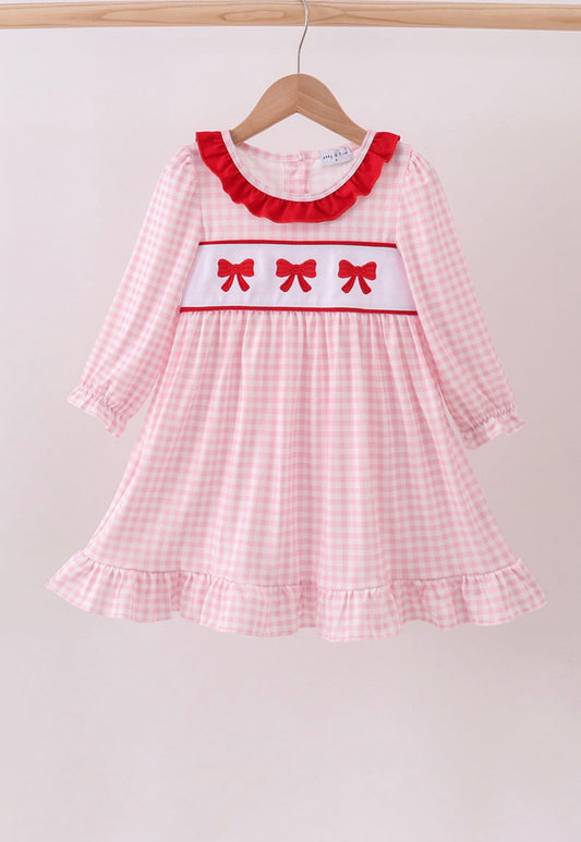Pink Gingham Bow Embroidery Dress