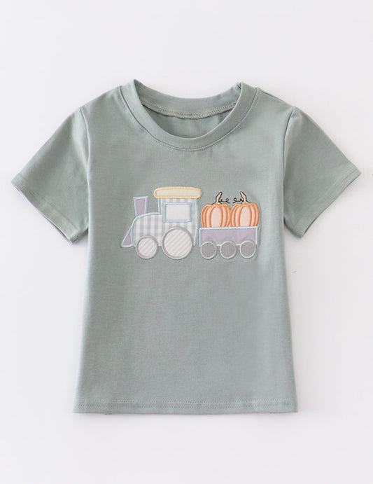 Green Train Pumpkin applique Top