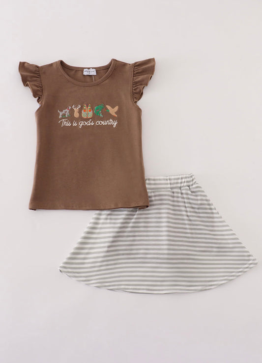 Brown God's Country Embroidery Skorts Set