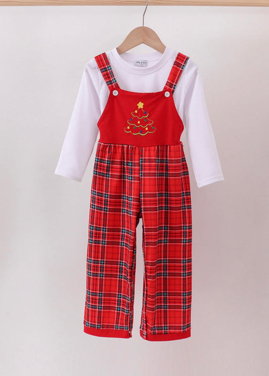 Red Plaid Tree Embroidery Jumpsuit